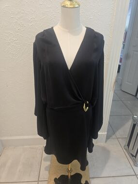 Ramy Brook Black Silky Wrap Mini Dress XL NWT Gold Hardware